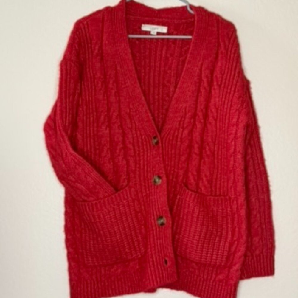 LOFT Red Chunky Knit Button-Up Cardigan (Size S)